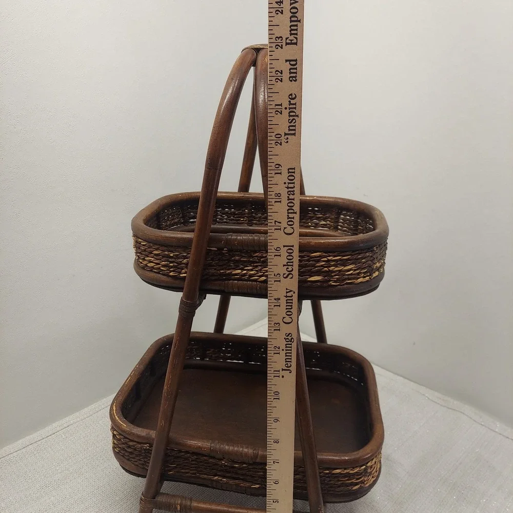 Vintage Dark Brown Bamboo Wicker Rattan 2-Tier Serving Stand MCM Boho